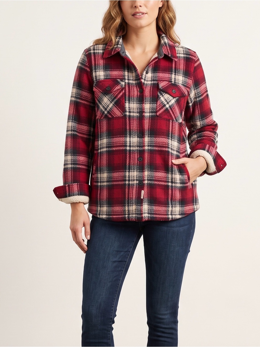 Plaid Teddy-Lined Shirt Jacket in Red and Cream